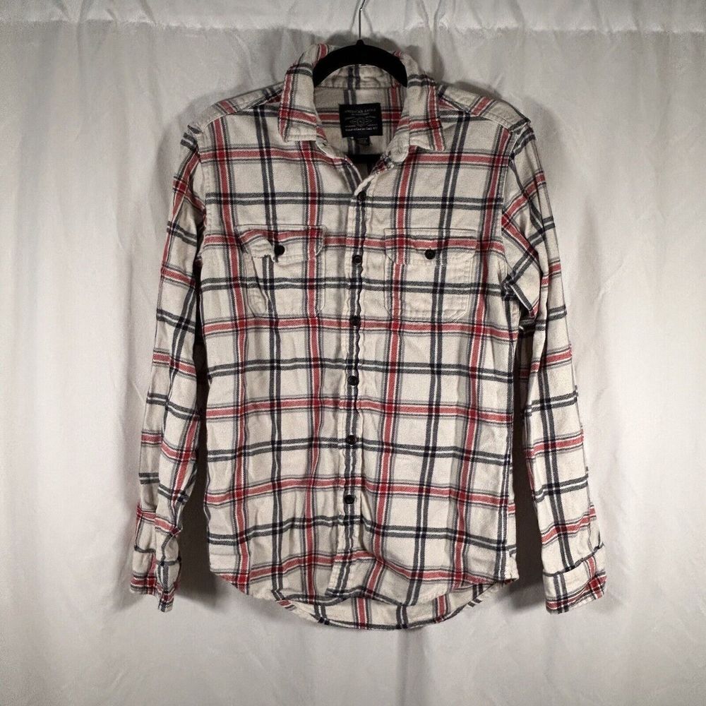 American Eagle Flannel Shirt Women's XS White Red Plaid Button Up Long Sleeve